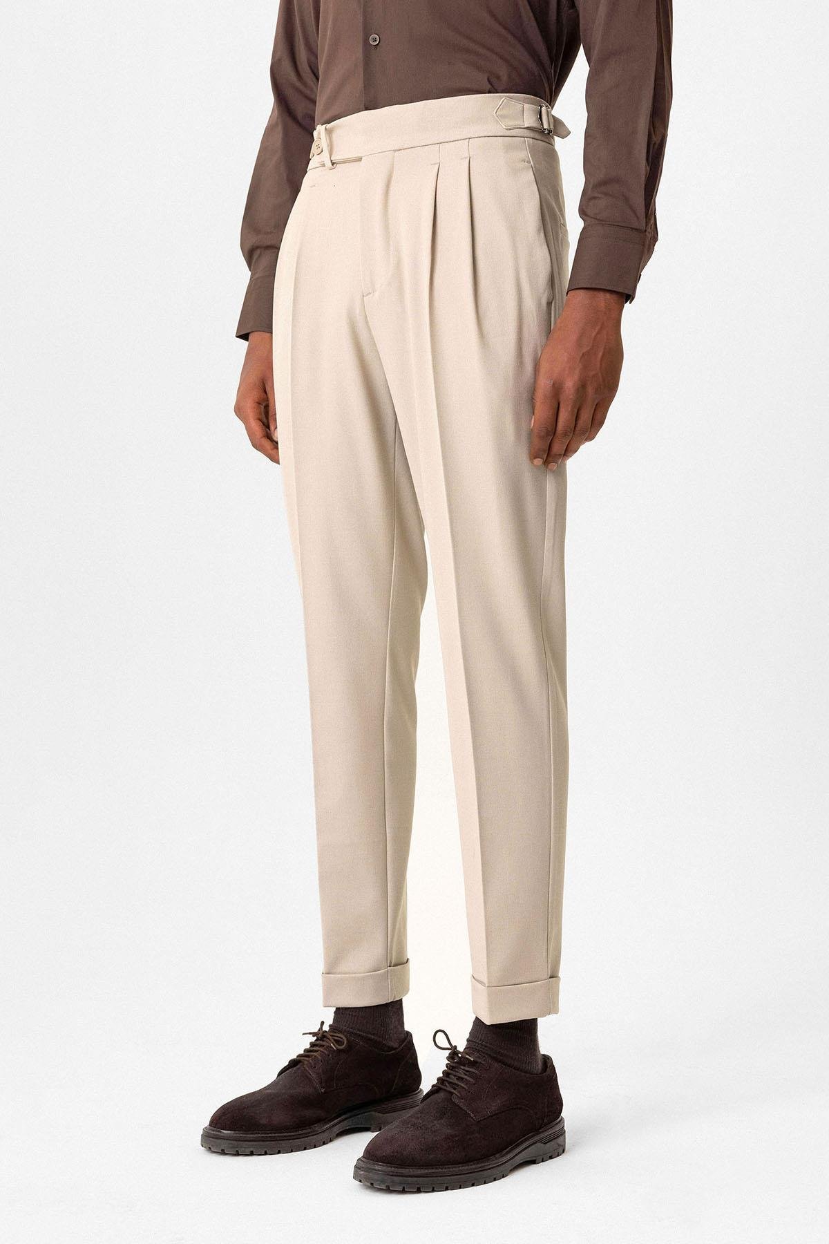 High Waist Pleated Carrot Fit Men's Trousers