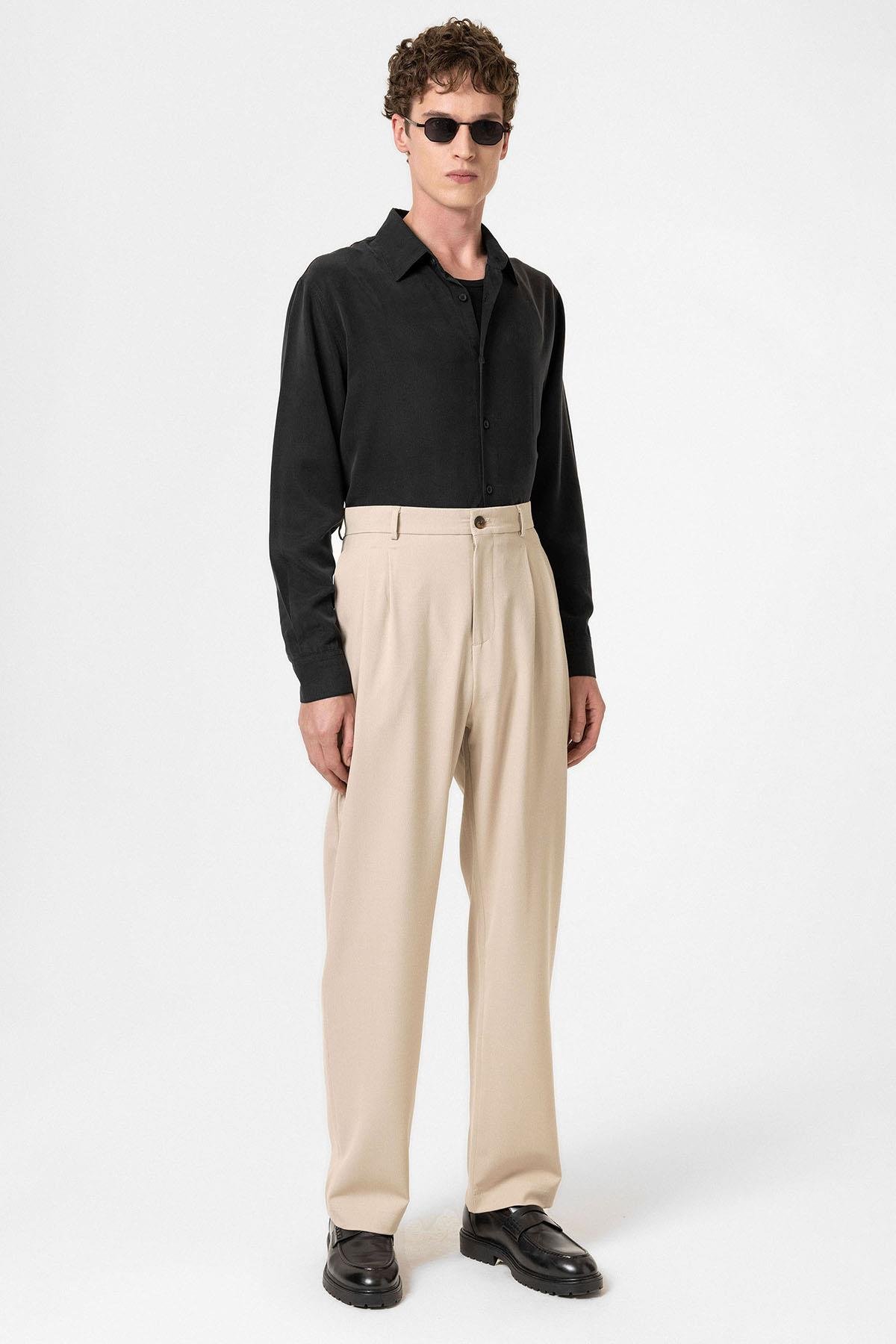 Antioch Bej Yüksek Bel Pileli Rahat Kalıp Erkek Pantolon