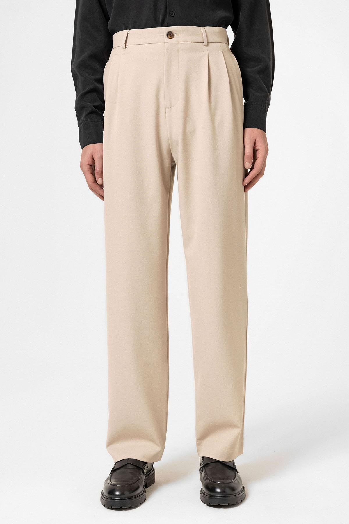 Antioch Bej Yüksek Bel Pileli Rahat Kalıp Erkek Pantolon