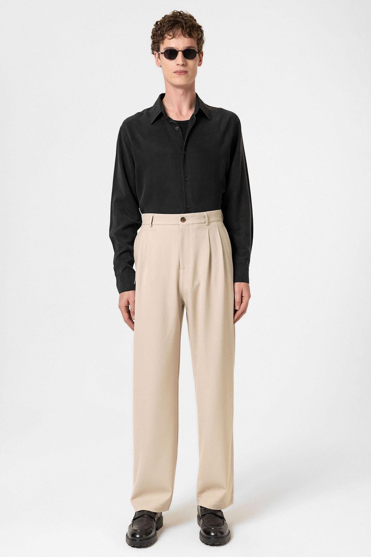 Antioch Bej Yüksek Bel Pileli Rahat Kalıp Erkek Pantolon