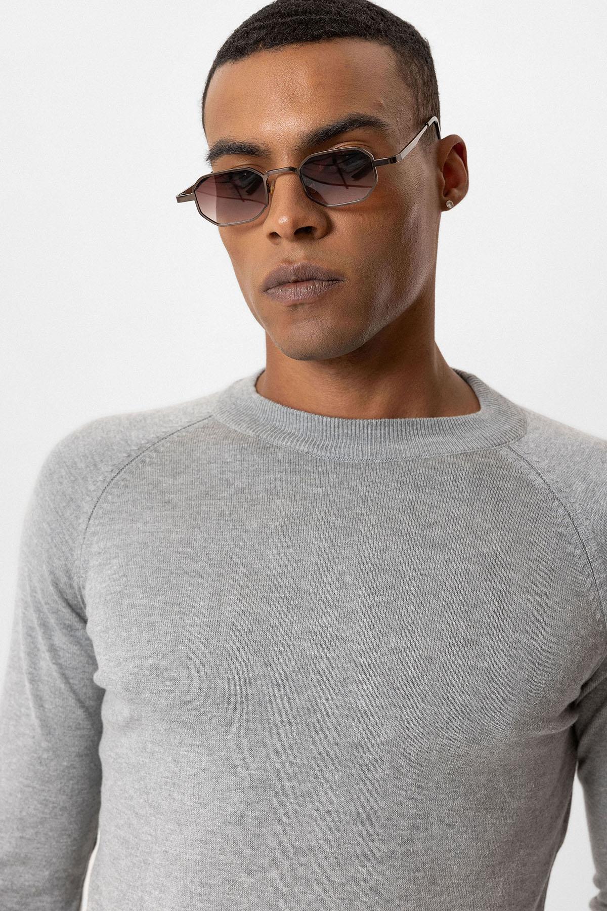 Antioch Gri Melanj Bisiklet Yaka Slim Fit Triko Kazak