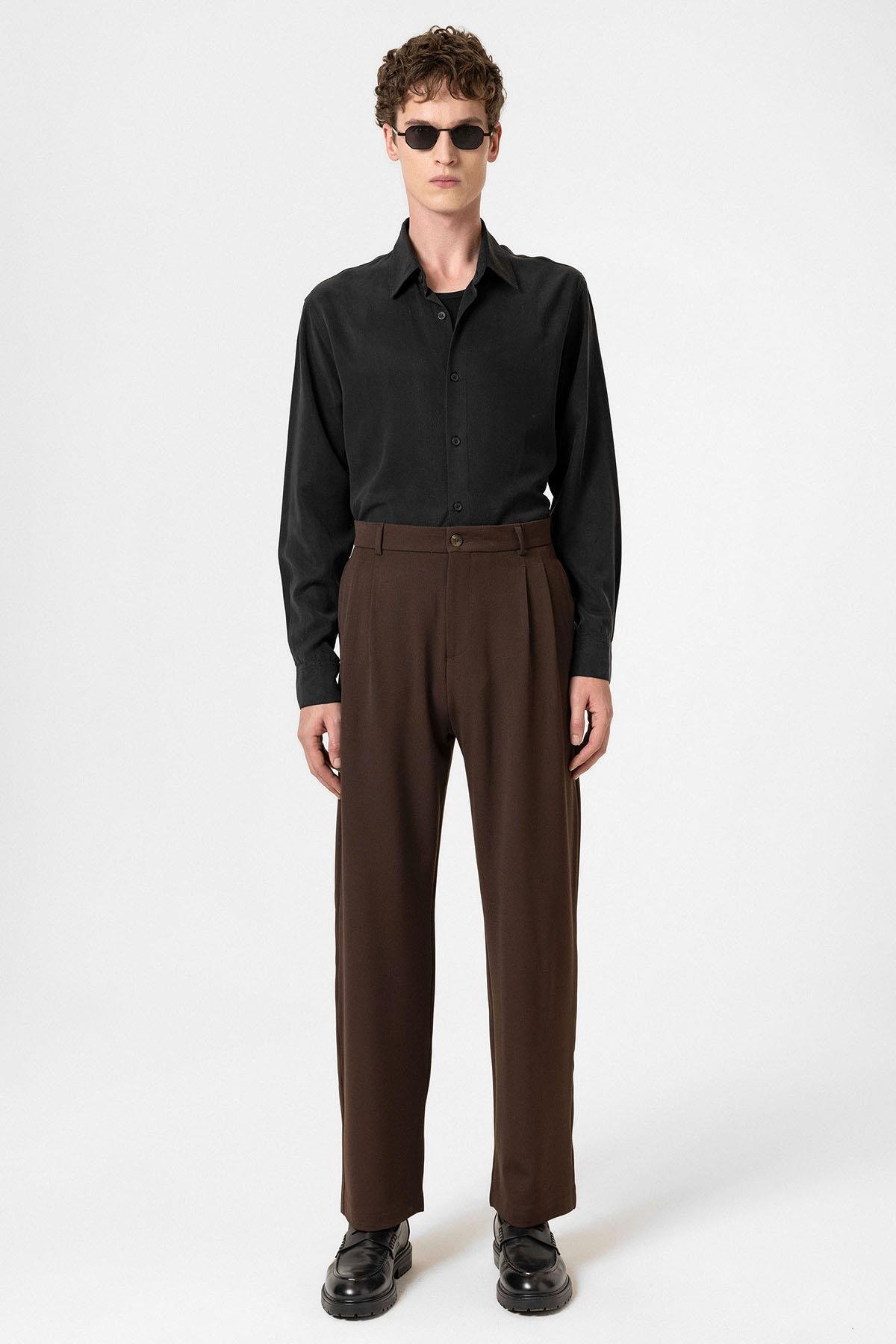 Antioch Kahve Yüksek Bel Pileli Rahat Kalıp Erkek Pantolon