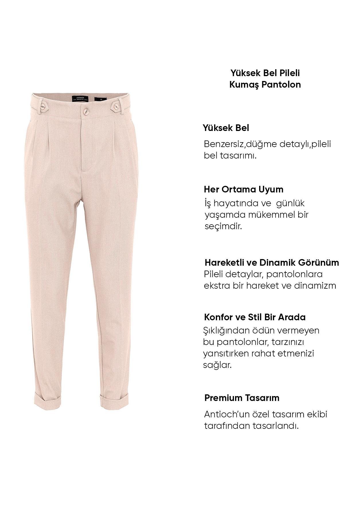 Antioch Koyu Bej Yüksek Bel (Boyfriend) Pileli Kumaş Pantolon