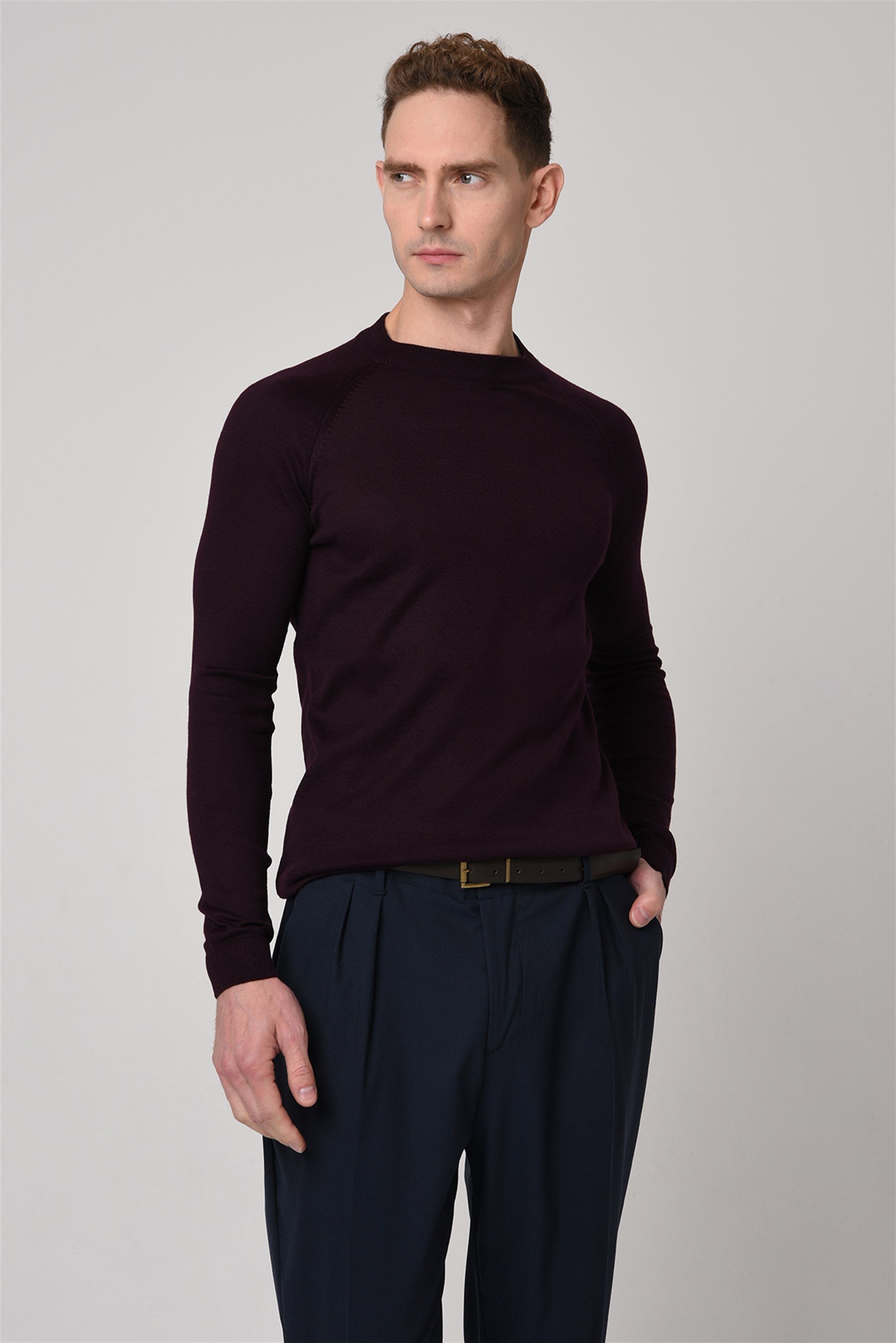 Antioch Men Koyu Mürdüm Bisiklet Yaka Slim Fit Triko Kazak