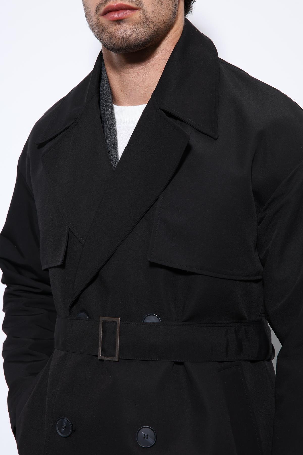 Antioch Siyah Kruvaze Kapama Kemerli Trençkot