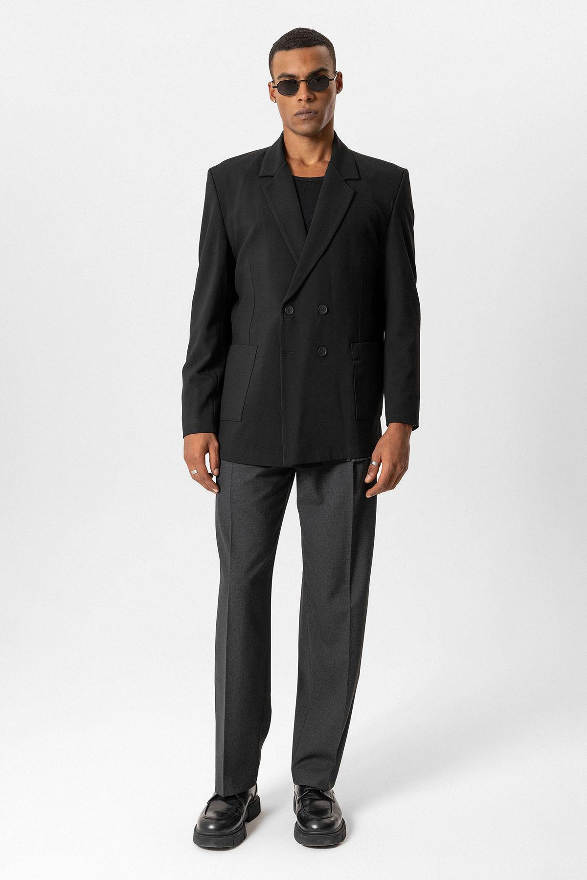 Antioch Siyah Torba Cepli Kruvaze Erkek Blazer Ceket