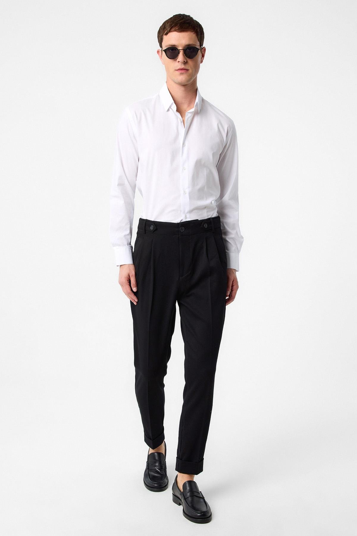 Antioch Siyah Yüksek Bel (Boyfriend) Pileli Kumaş Pantolon