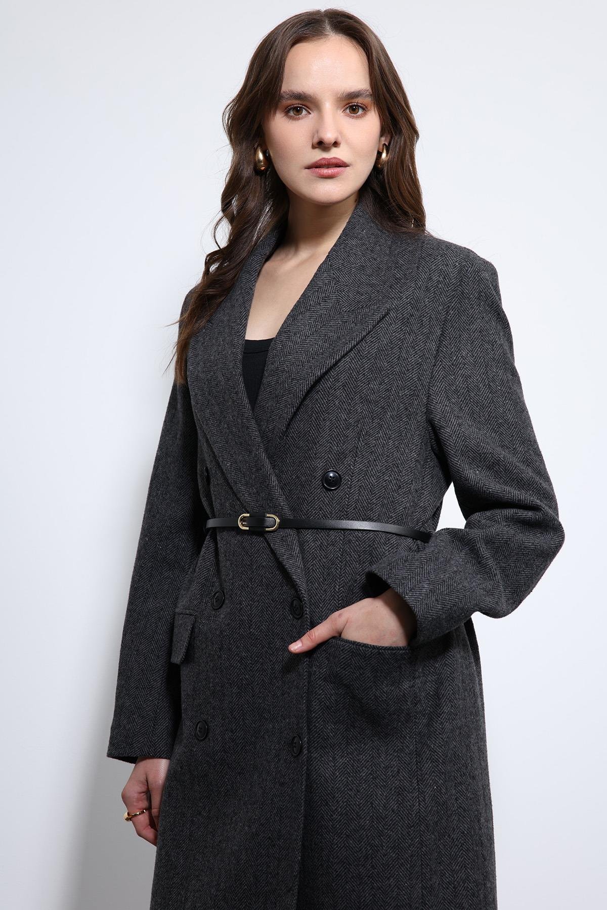 Antioch Antrasit Balıksırtı Desenli Kemerli Kaban