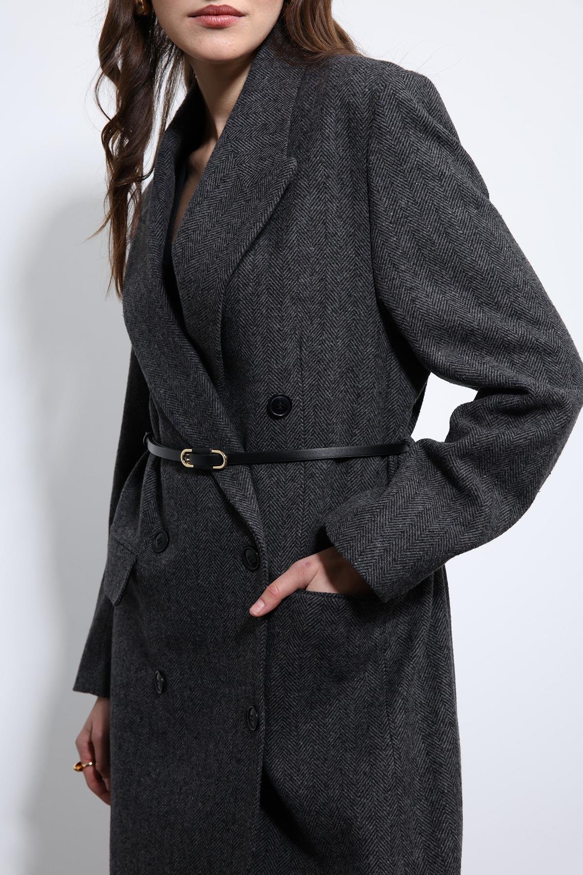 Antioch Antrasit Balıksırtı Desenli Kemerli Kaban