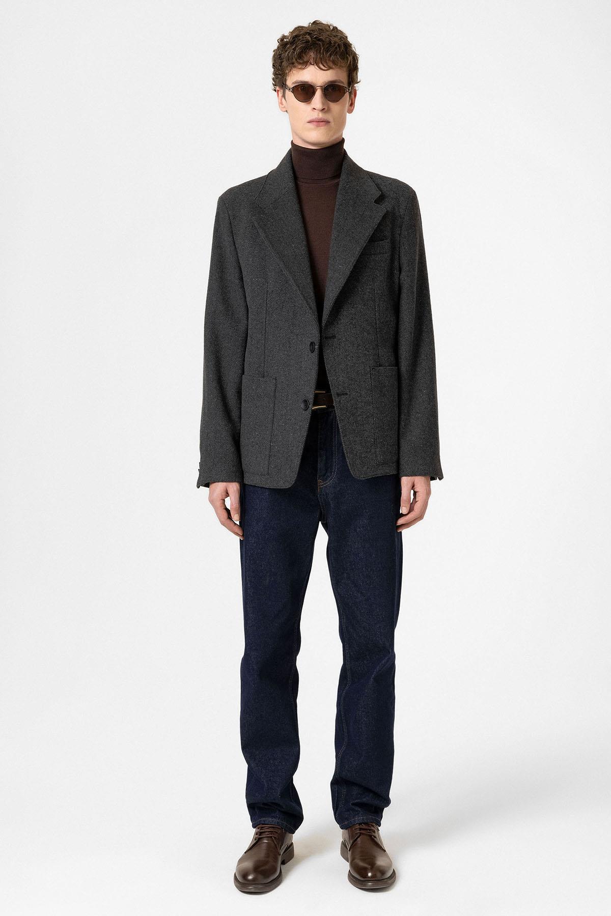 Antioch Antrasit Balıksırtı Desenli Oversize Erkek Blazer Ceket