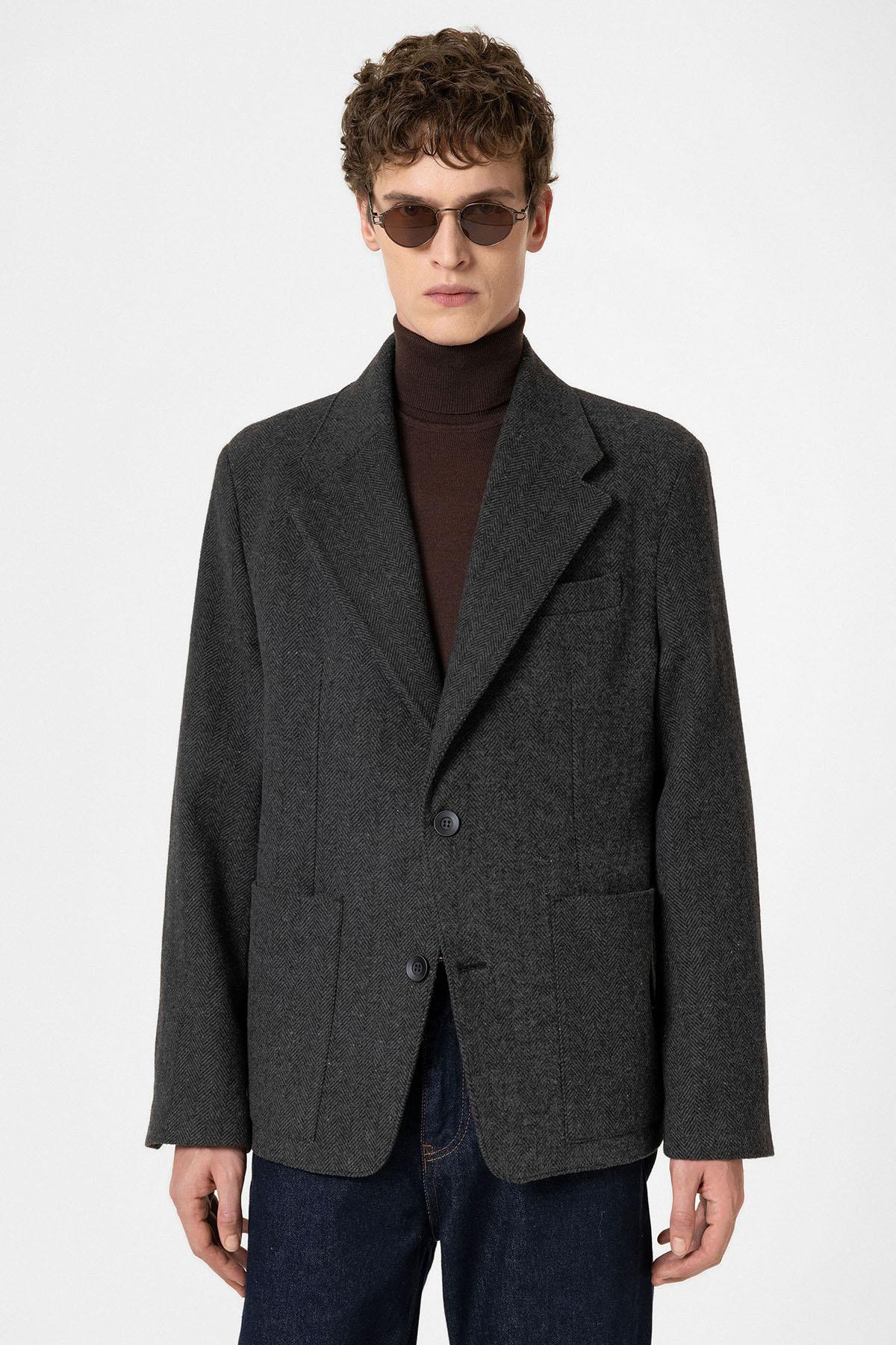 Antioch Antrasit Balıksırtı Desenli Oversize Erkek Blazer Ceket