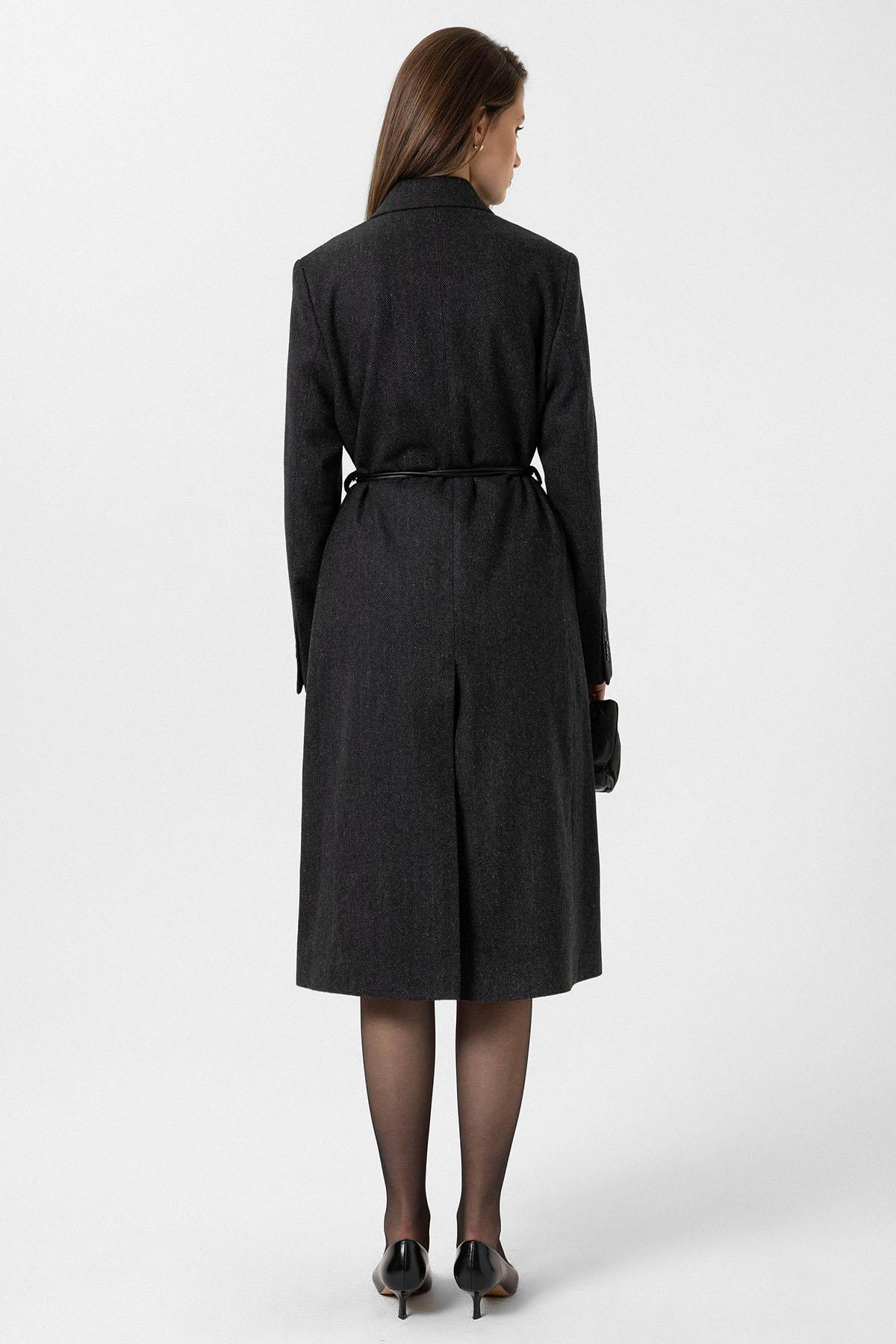 Antioch Antrasit Kadın Balıksırtı Desenli Kruvaze Kaban