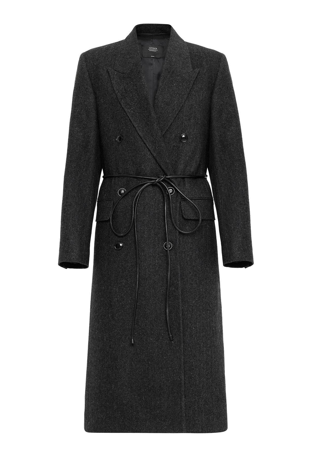 Antioch Antrasit Kadın Balıksırtı Desenli Kruvaze Kaban