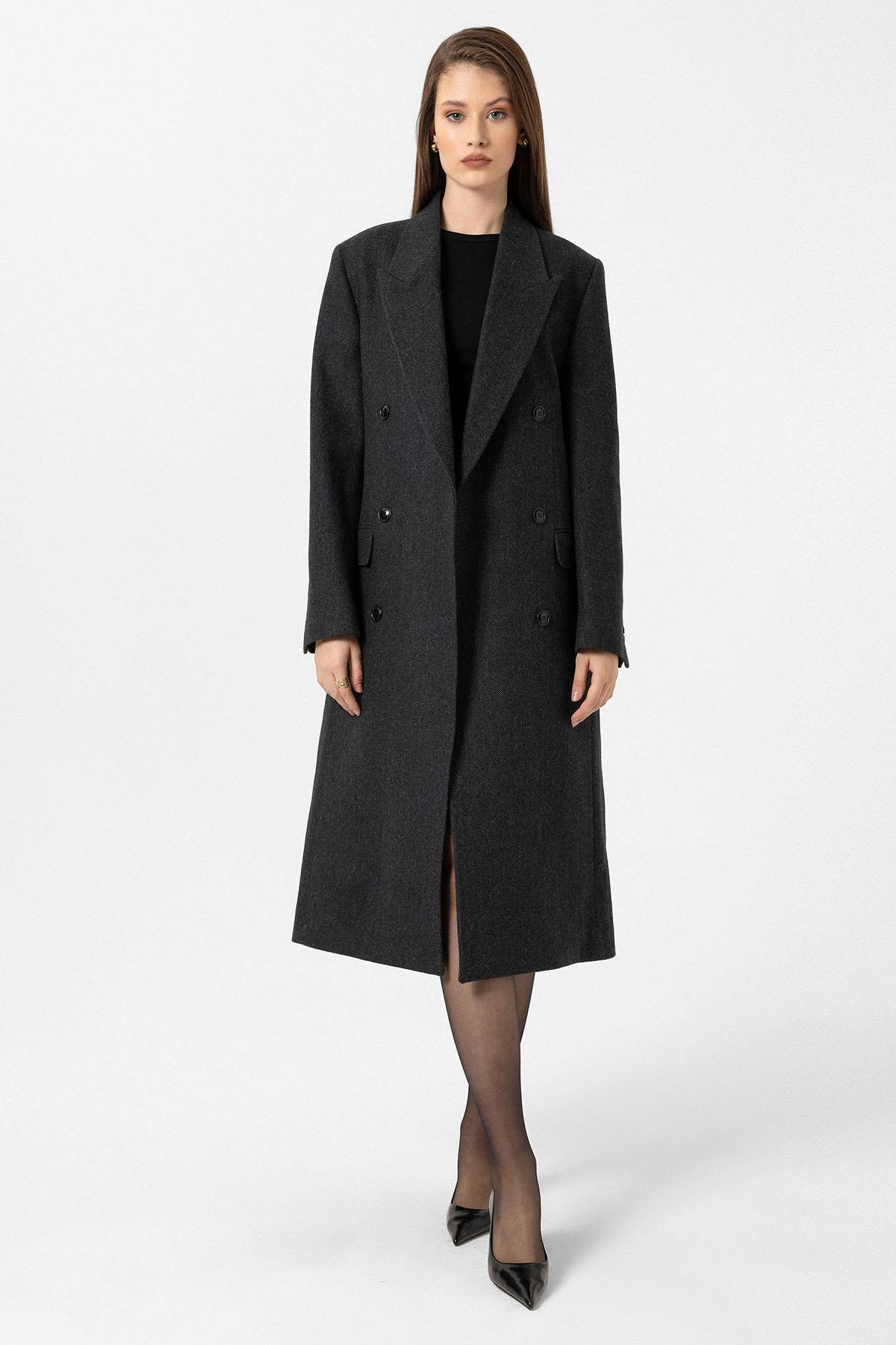 Antioch Antrasit Kadın Balıksırtı Desenli Kruvaze Kaban