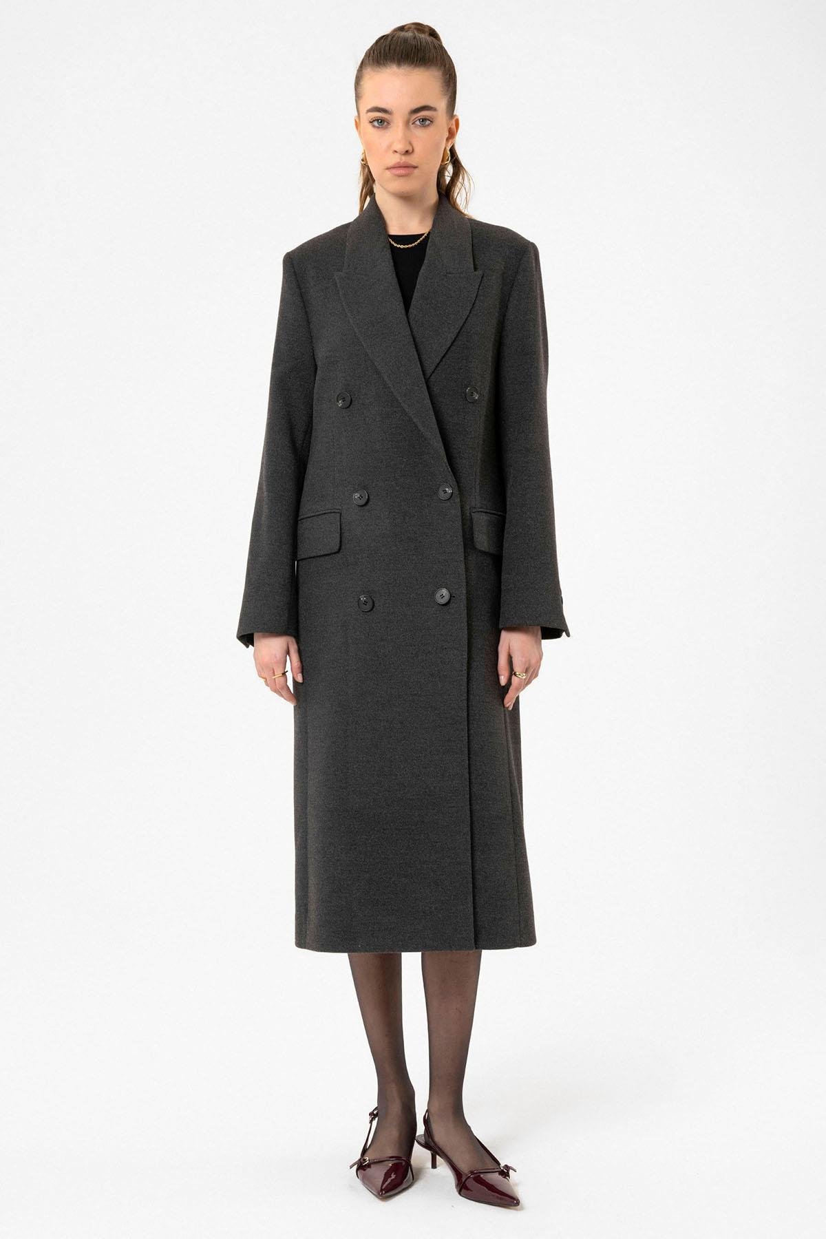 Antioch Antrasit Kadın Kruvaze Uzun Kaban