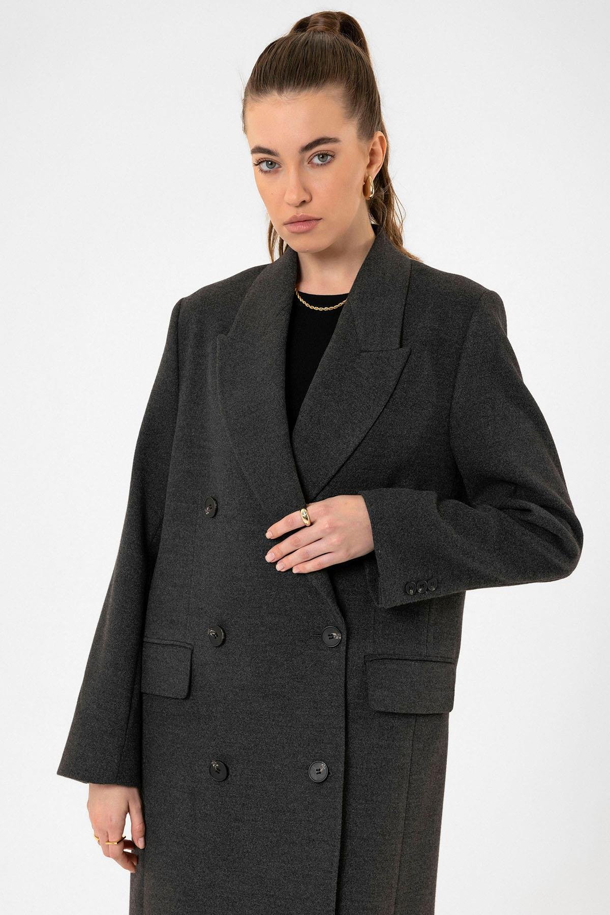 Antioch Antrasit Kadın Kruvaze Uzun Kaban