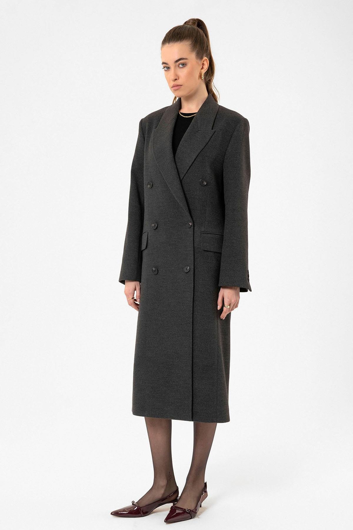 Antioch Antrasit Kadın Kruvaze Uzun Kaban