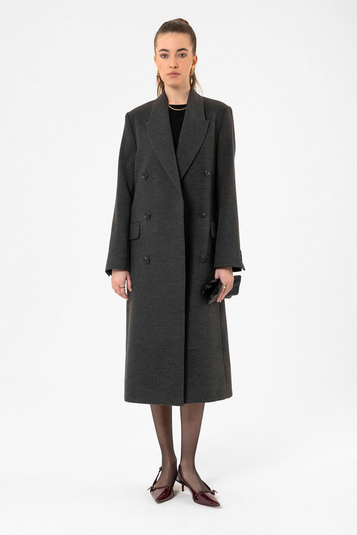 Antioch Antrasit Kadın Kruvaze Uzun Kaban