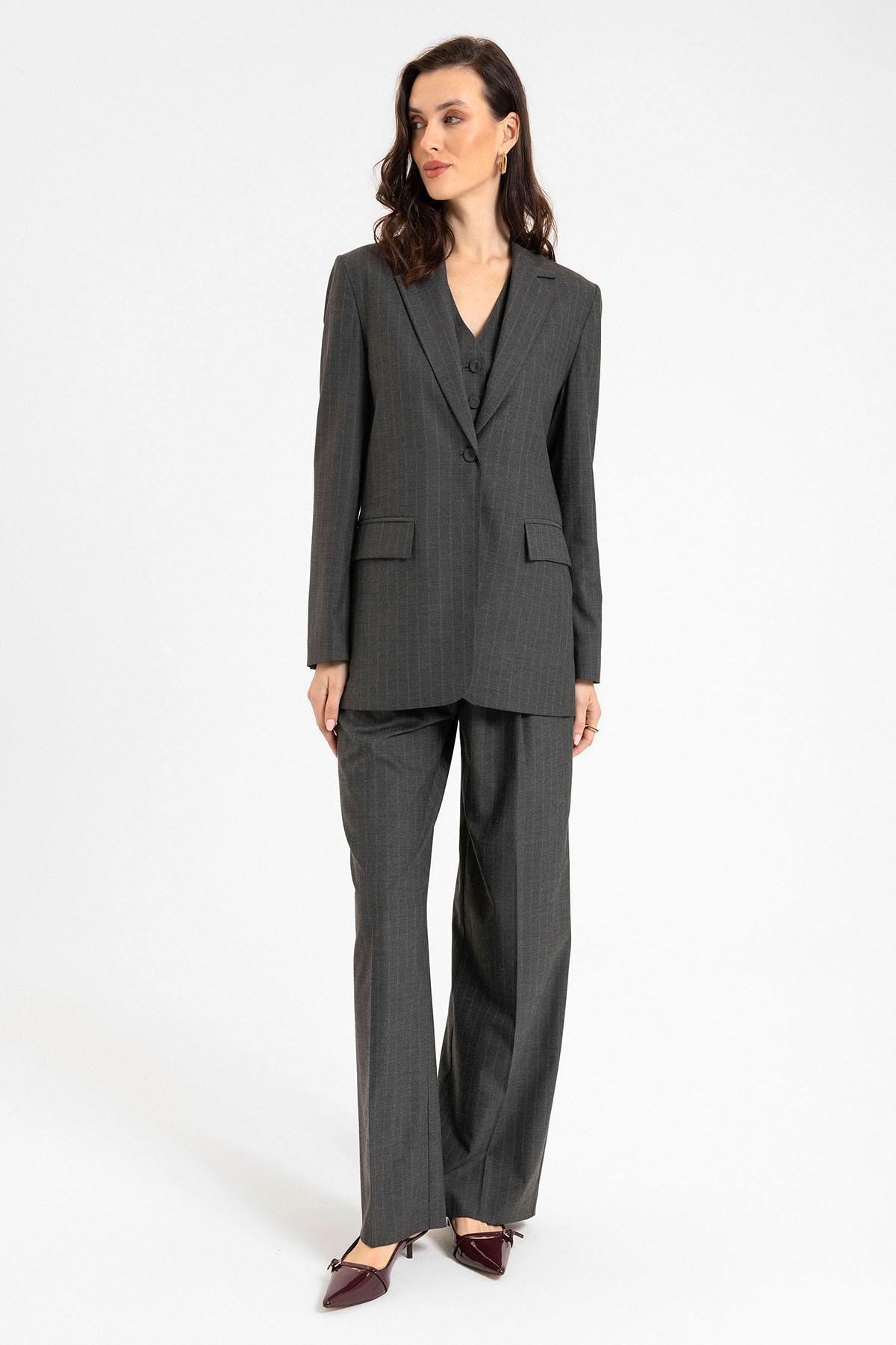 Antioch Antrasit Kadın Tek Düğme Çizgili Blazer Ceket