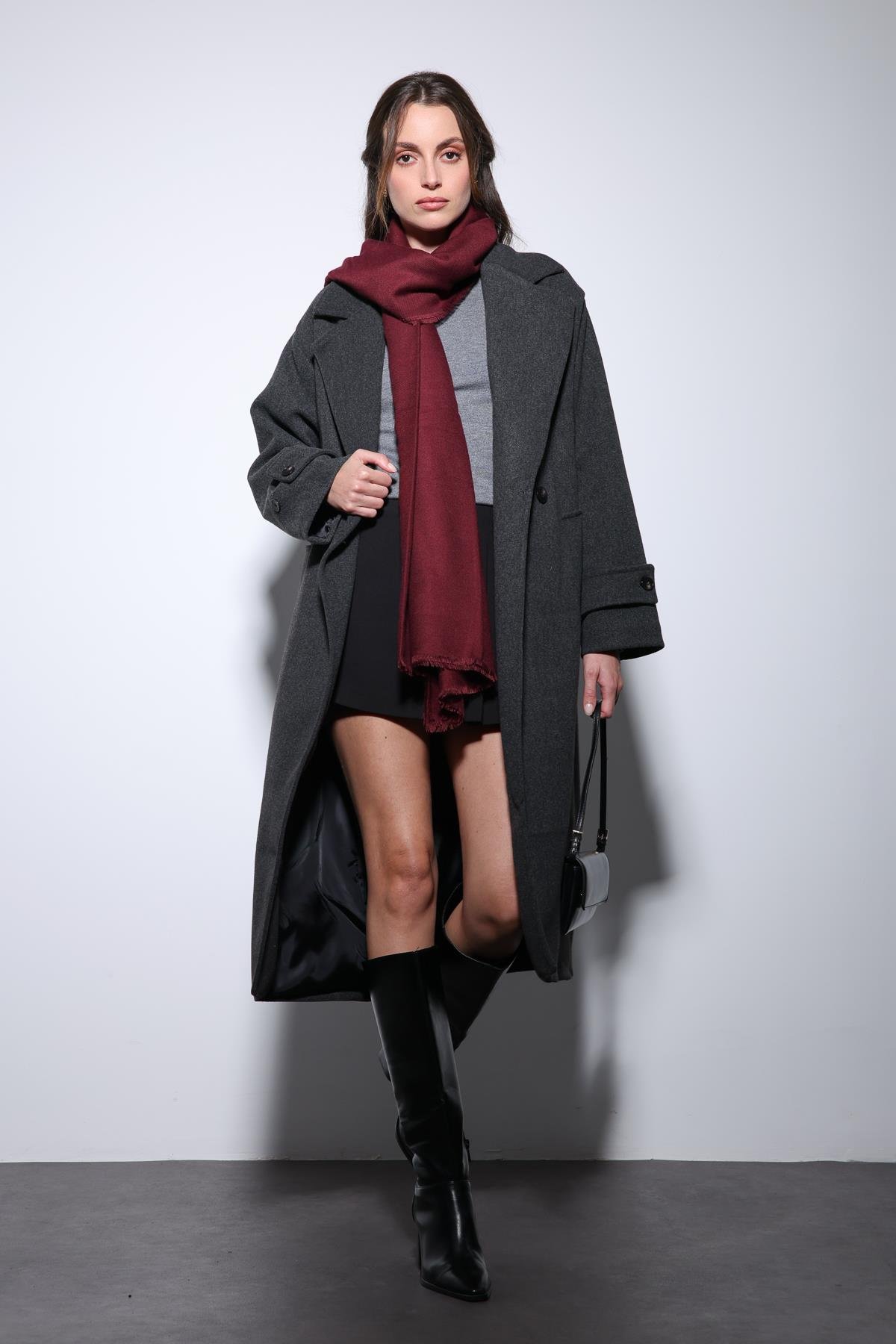 Antioch Antrasit Kadın Yumuşak Dokulu Oversize Kruvaze Kaban