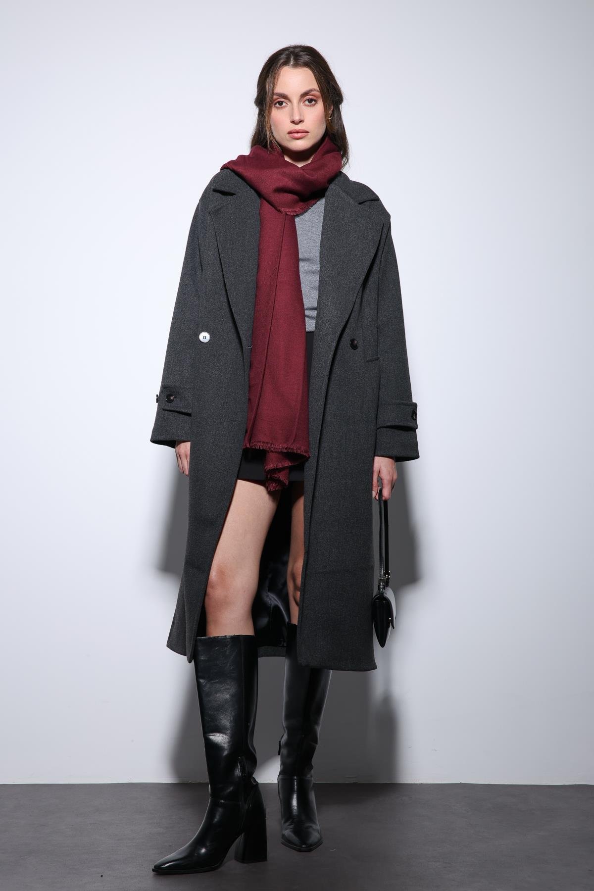 Antioch Antrasit Kadın Yumuşak Dokulu Oversize Kruvaze Kaban