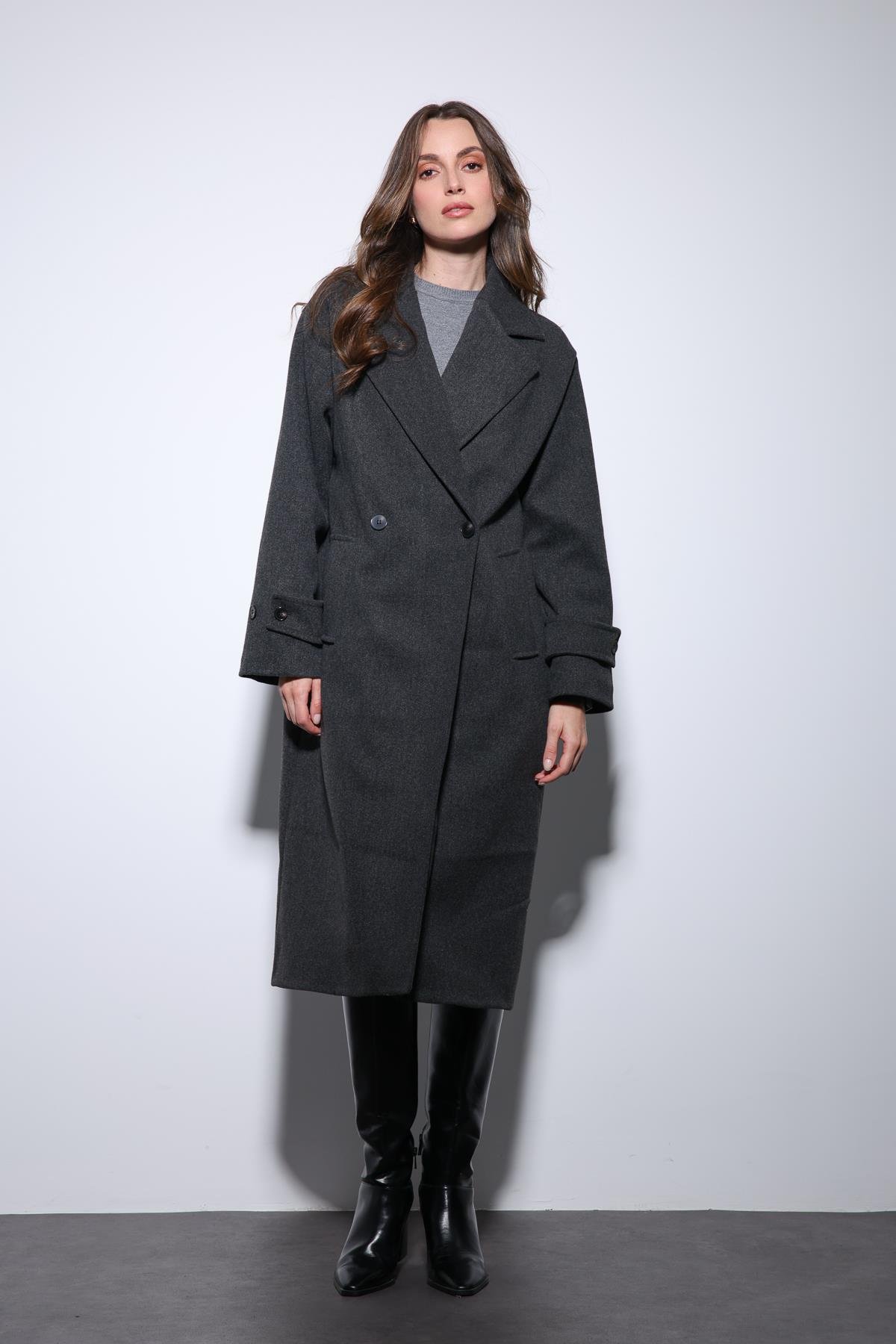 Antioch Antrasit Kadın Yumuşak Dokulu Oversize Kruvaze Kaban