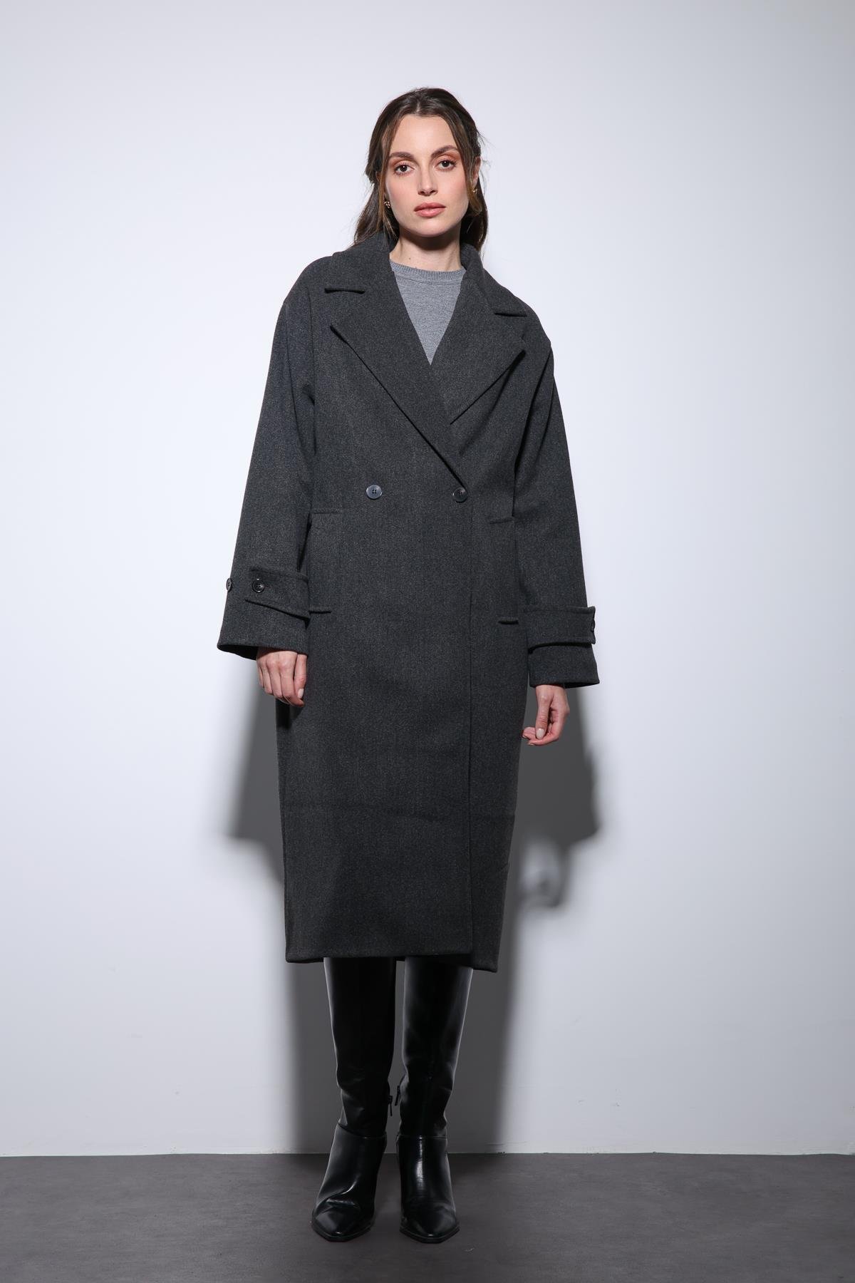 Antioch Antrasit Kadın Yumuşak Dokulu Oversize Kruvaze Kaban