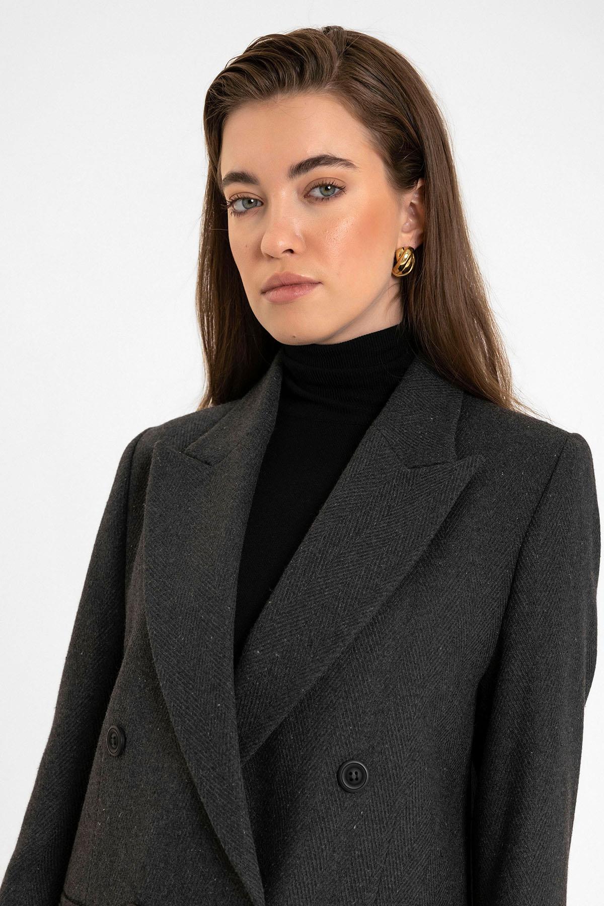 Antioch Antrasit Kadın Yün Karışımlı Balıksırtı Desenli Blazer Ceket