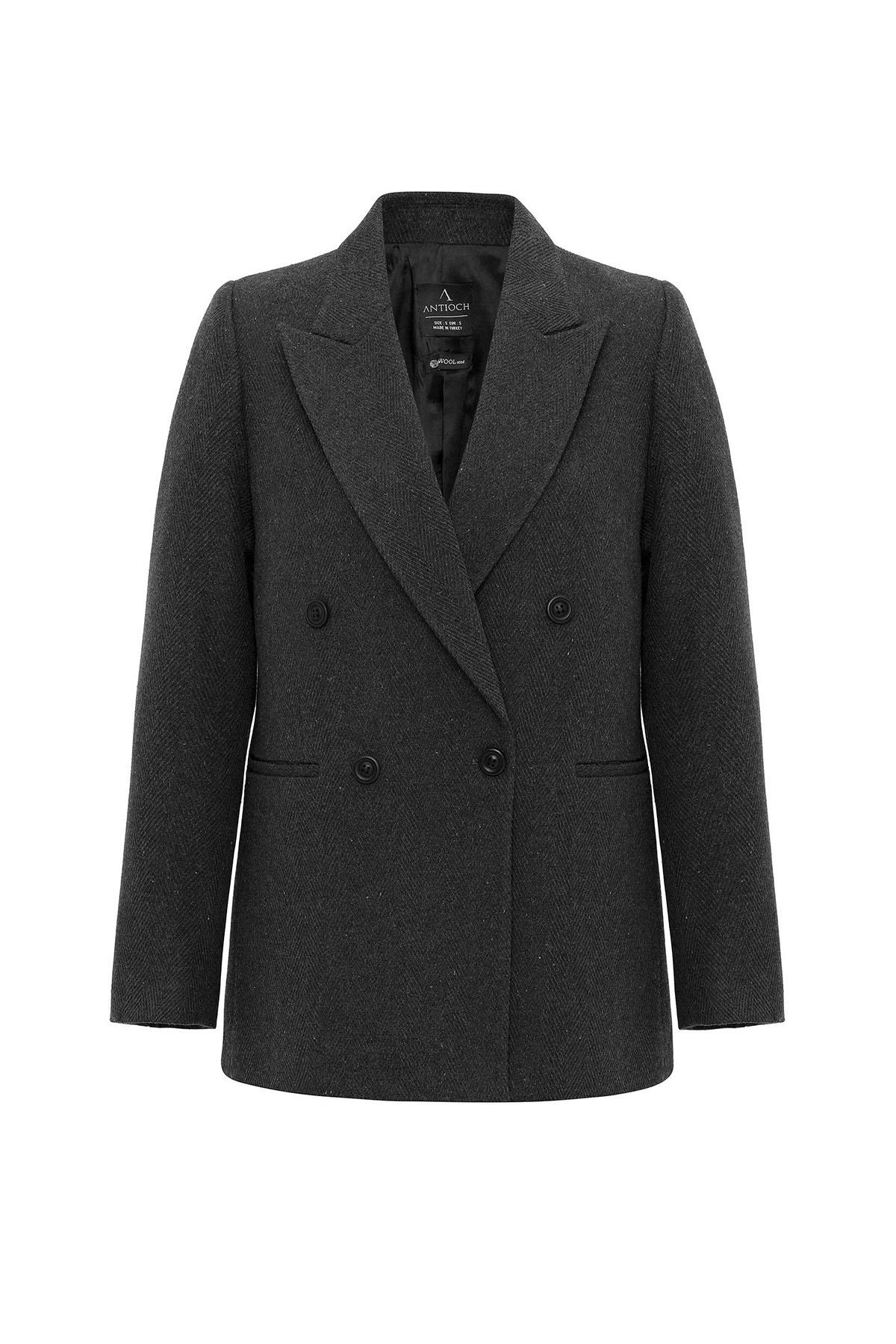 Antioch Antrasit Kadın Yün Karışımlı Balıksırtı Desenli Blazer Ceket