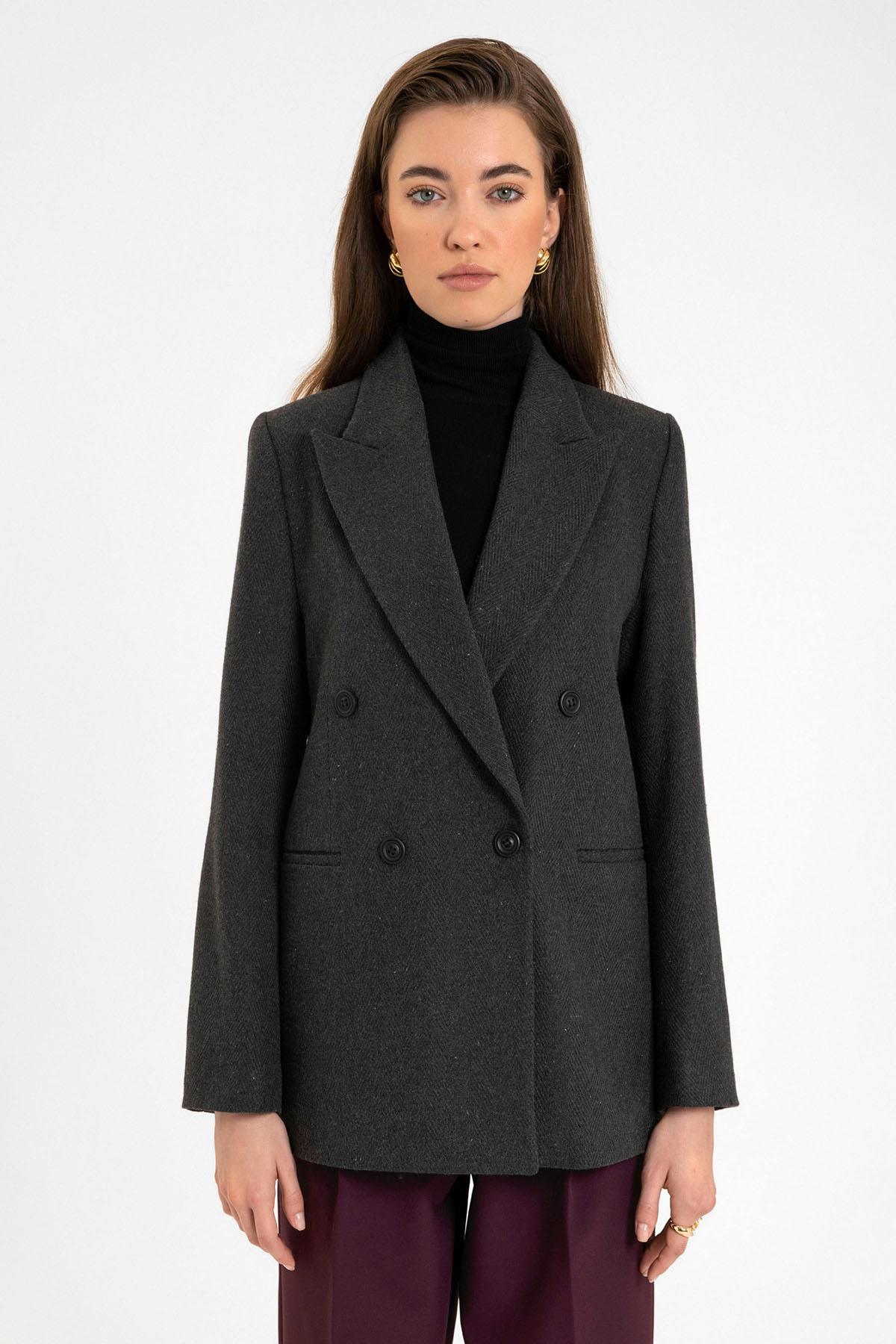 Antioch Antrasit Kadın Yün Karışımlı Balıksırtı Desenli Blazer Ceket