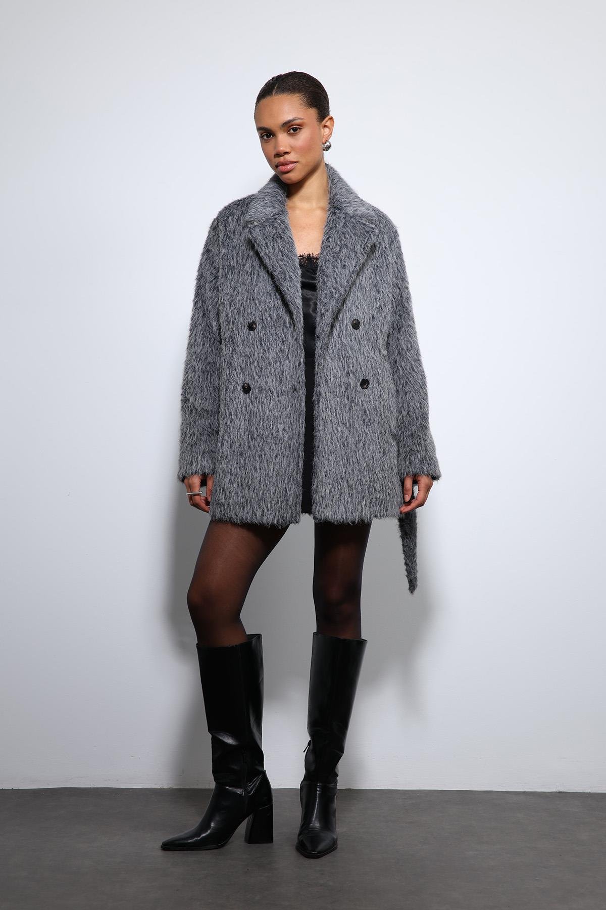 Antioch Antrasit Kısa Suni Kürklü Kaban