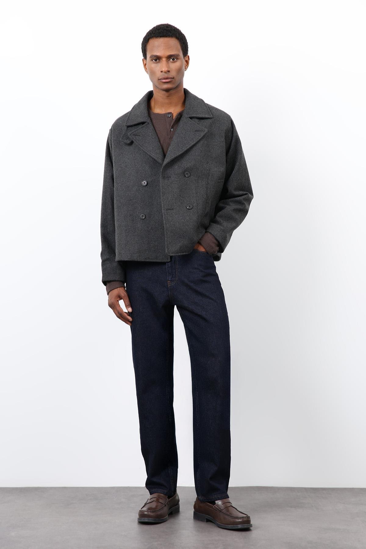 Antioch Antrasit Kruvaze Kapama Kısa Erkek Kaban