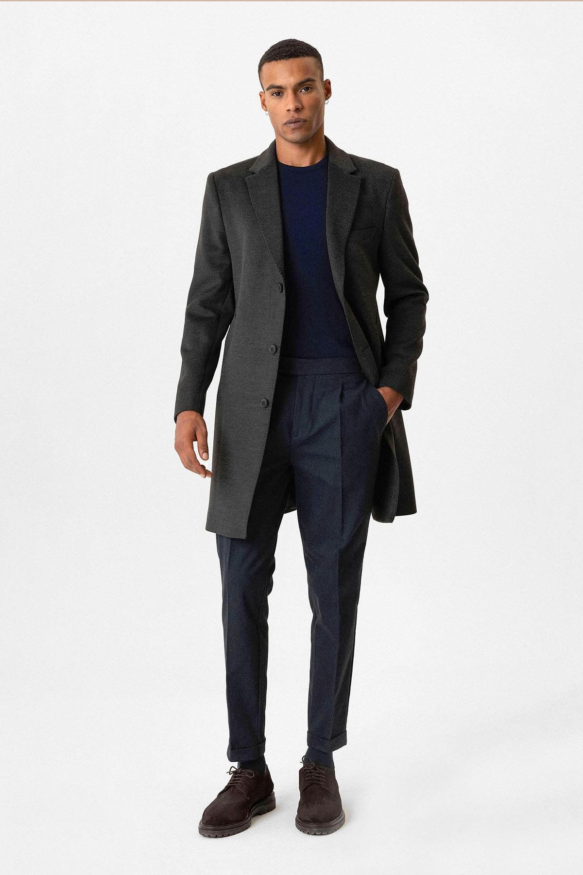 Antioch Antrasit Slim Fit Ceket Yaka Erkek Kaban