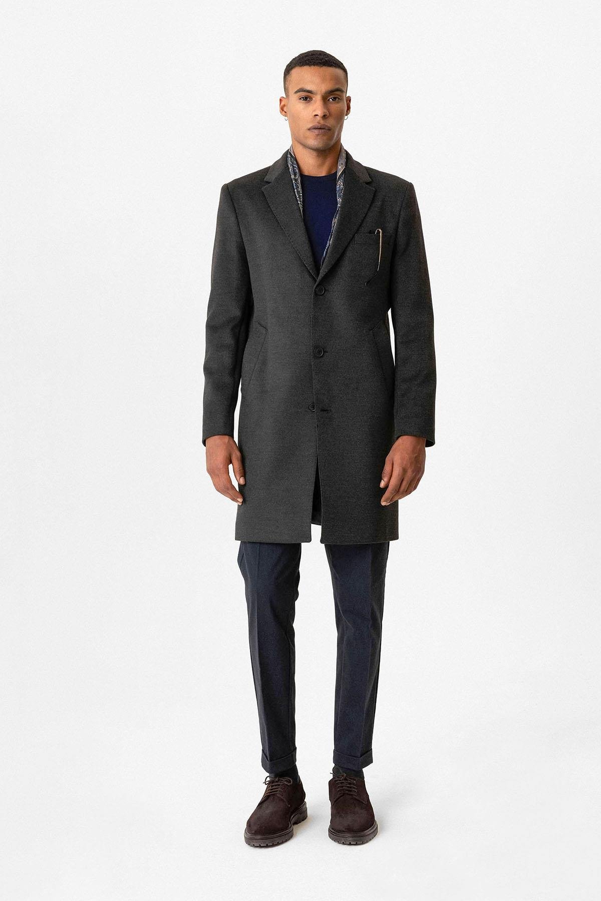 Antioch Antrasit Slim Fit Ceket Yaka Erkek Kaban