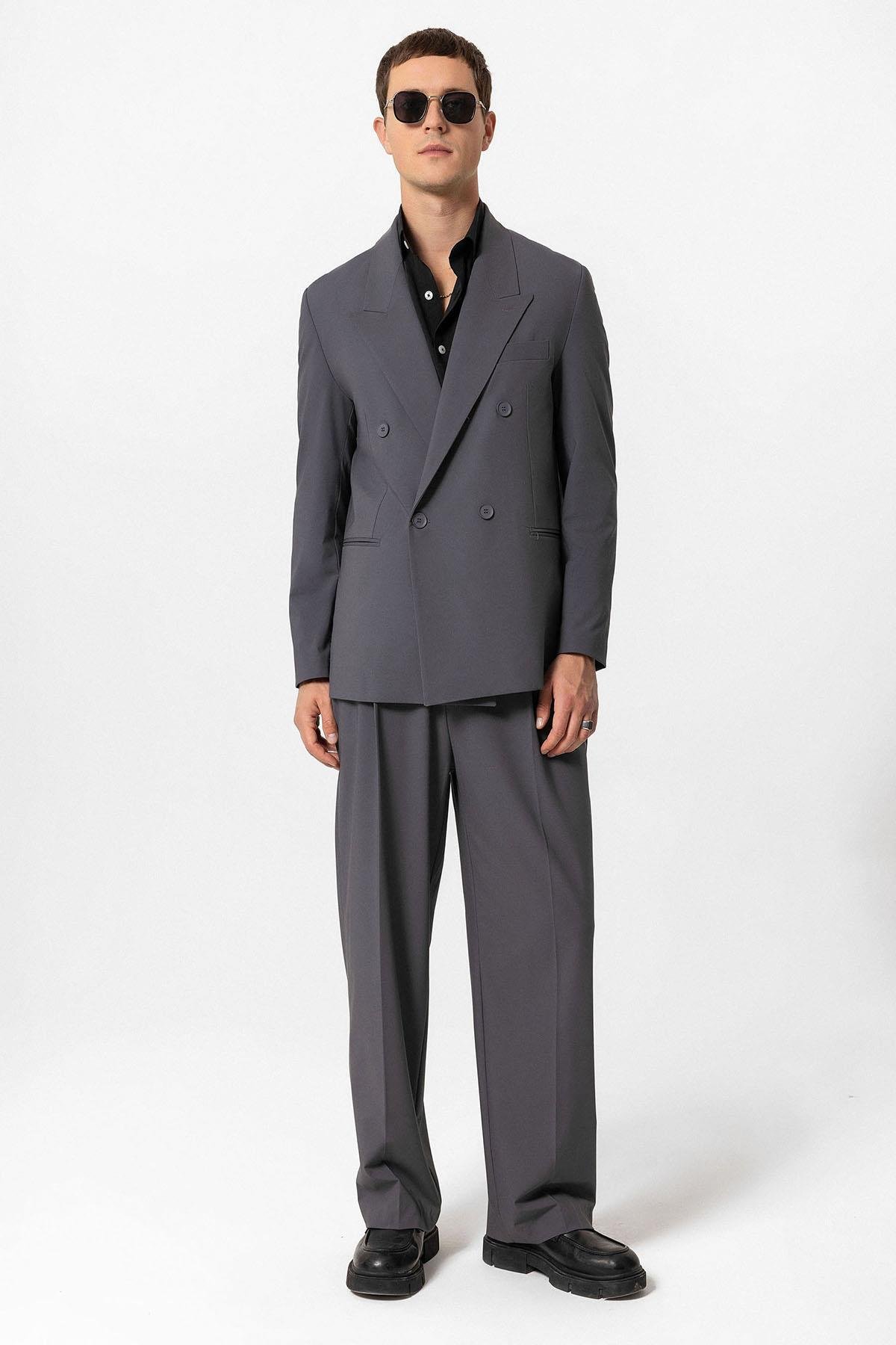 Antioch Antrasit Tek Düğme Kruvaze Erkek Blazer Ceket