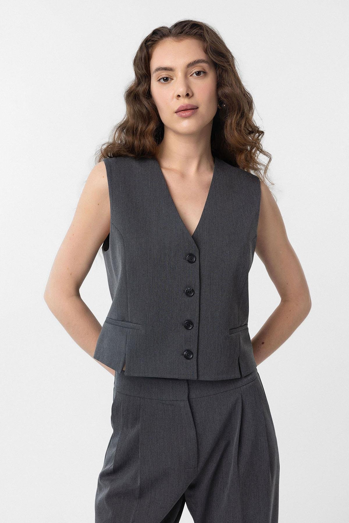 Antioch Antrasit Yırtmaçlı Kadın Yelek