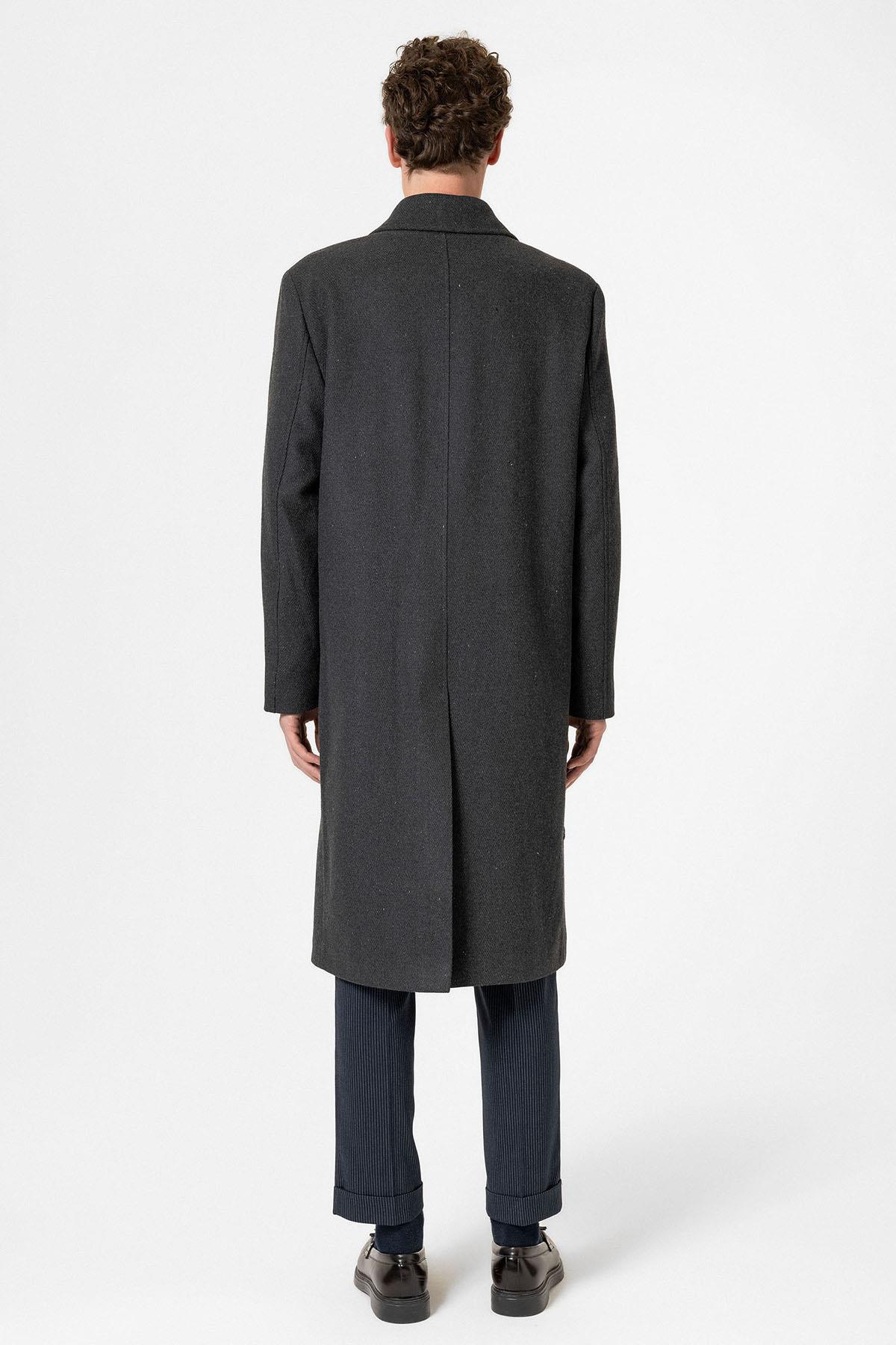 Antioch Antrasit Yün Karışımlı Balıksırtı Kruvaze Erkek Kaban