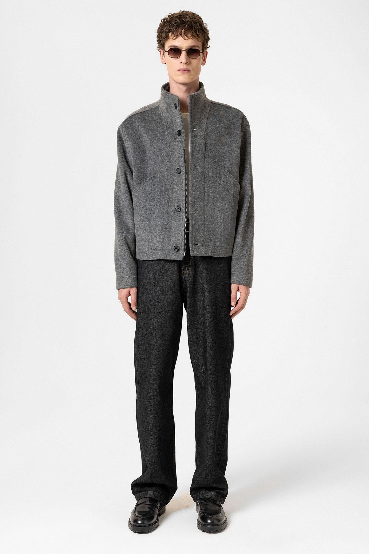 Antioch Antrasit Yün Karışımlı Dik Yaka Erkek Mont