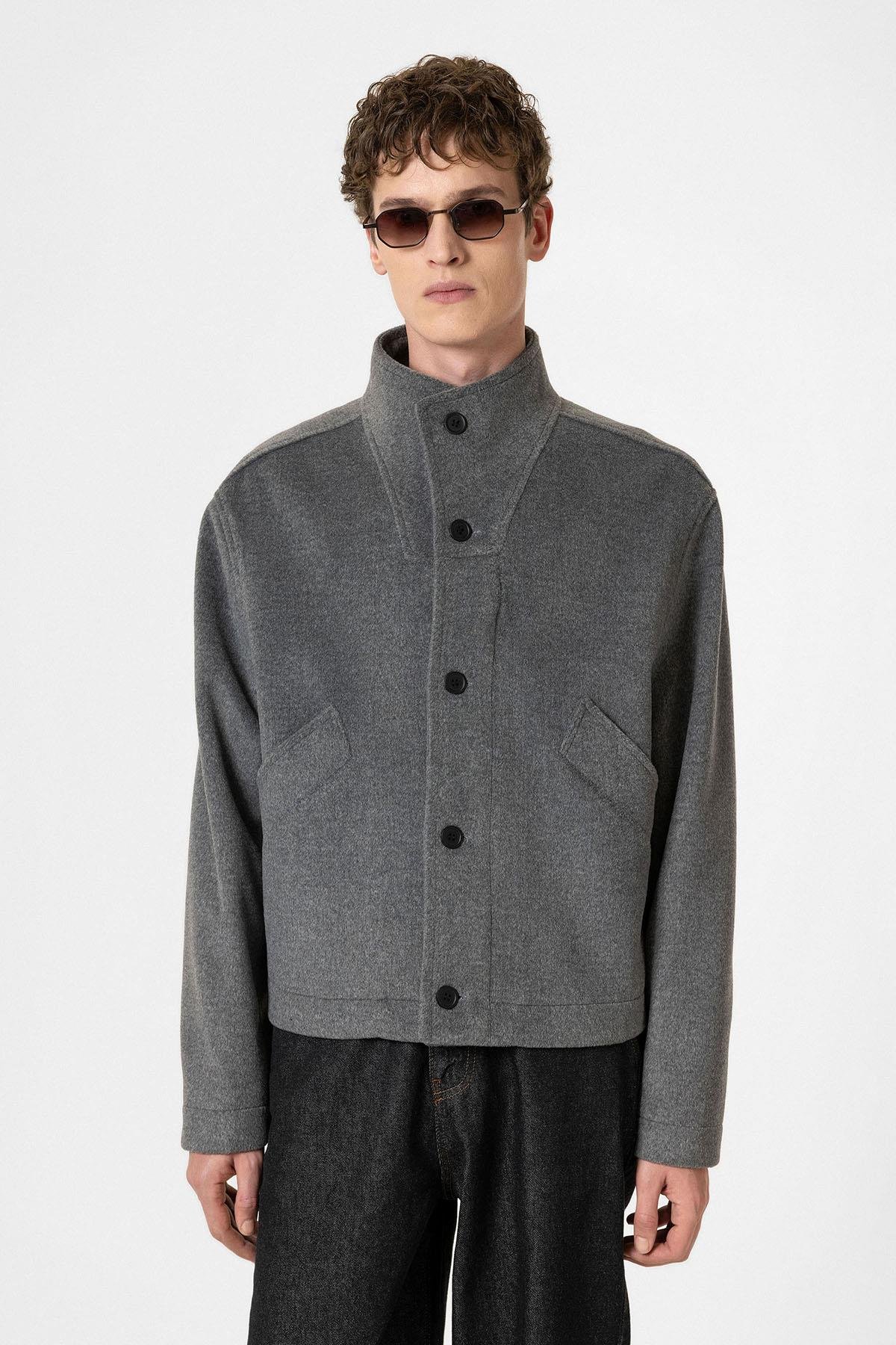 Antioch Antrasit Yün Karışımlı Dik Yaka Erkek Mont
