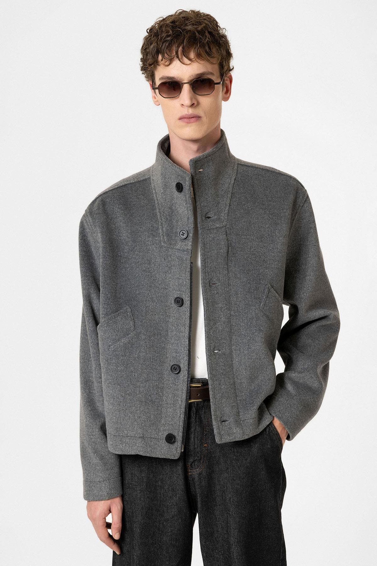 Antioch Antrasit Yün Karışımlı Dik Yaka Erkek Mont