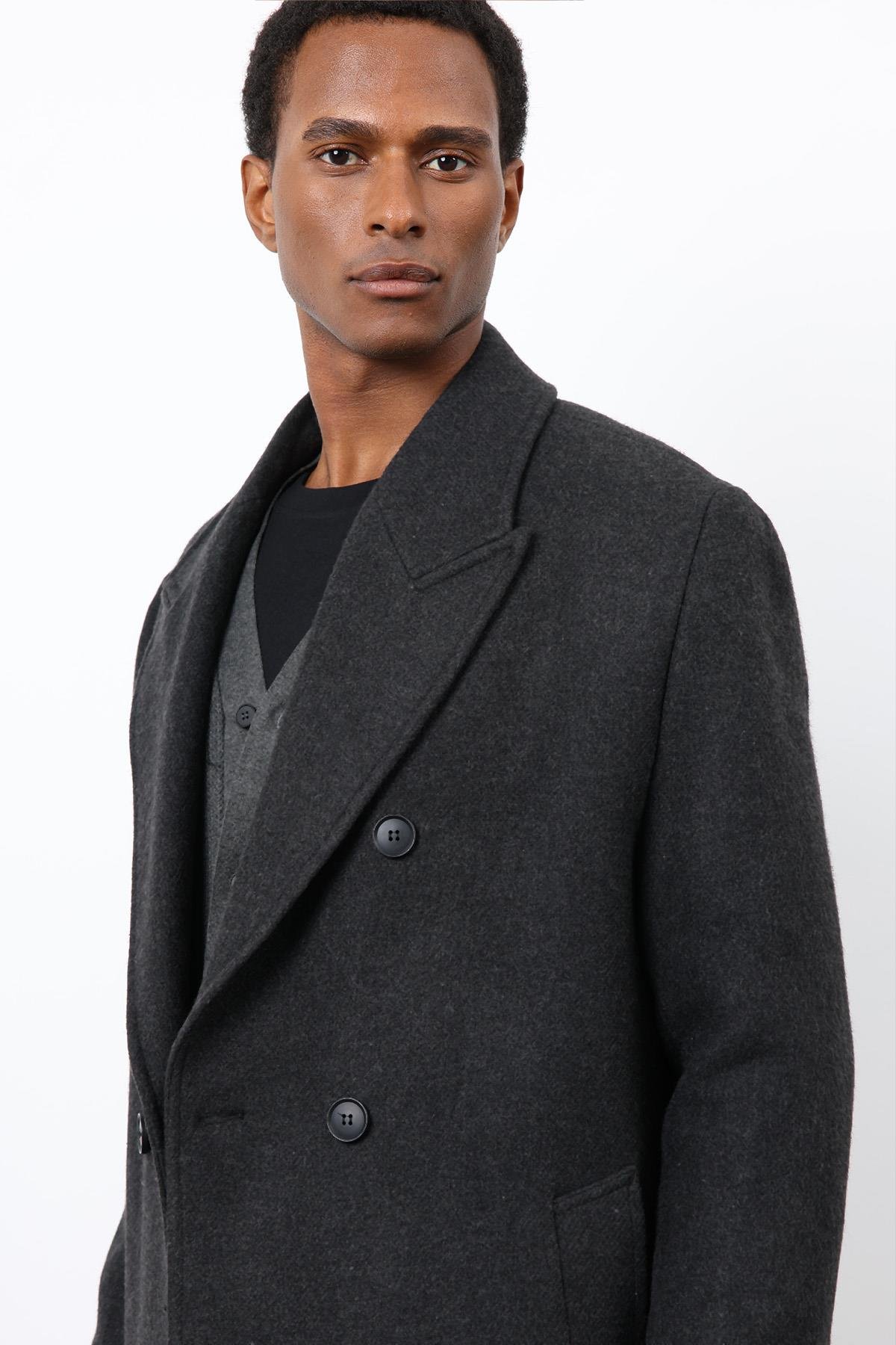 Antioch Antrasit Yün Karışımlı Kruvaze Erkek Kaban