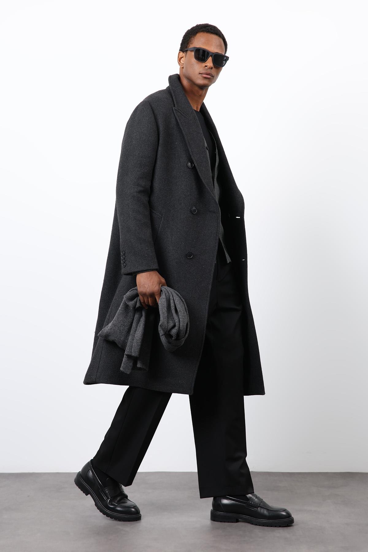 Antioch Antrasit Yün Karışımlı Kruvaze Erkek Kaban