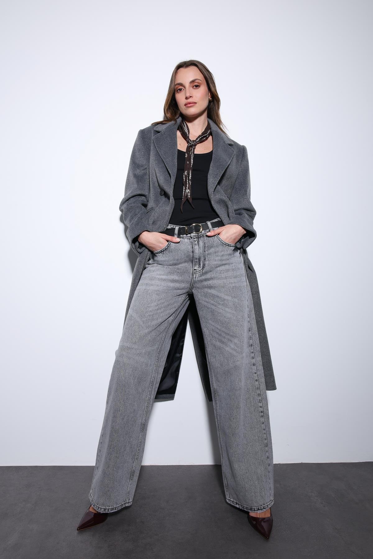 Antioch Antrasit Yün Karışımlı Kruvaze Kadın Kaban