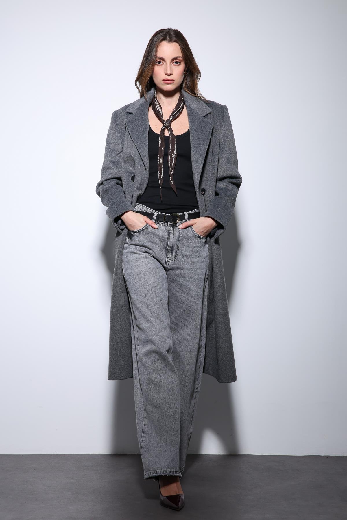 Antioch Antrasit Yün Karışımlı Kruvaze Kadın Kaban