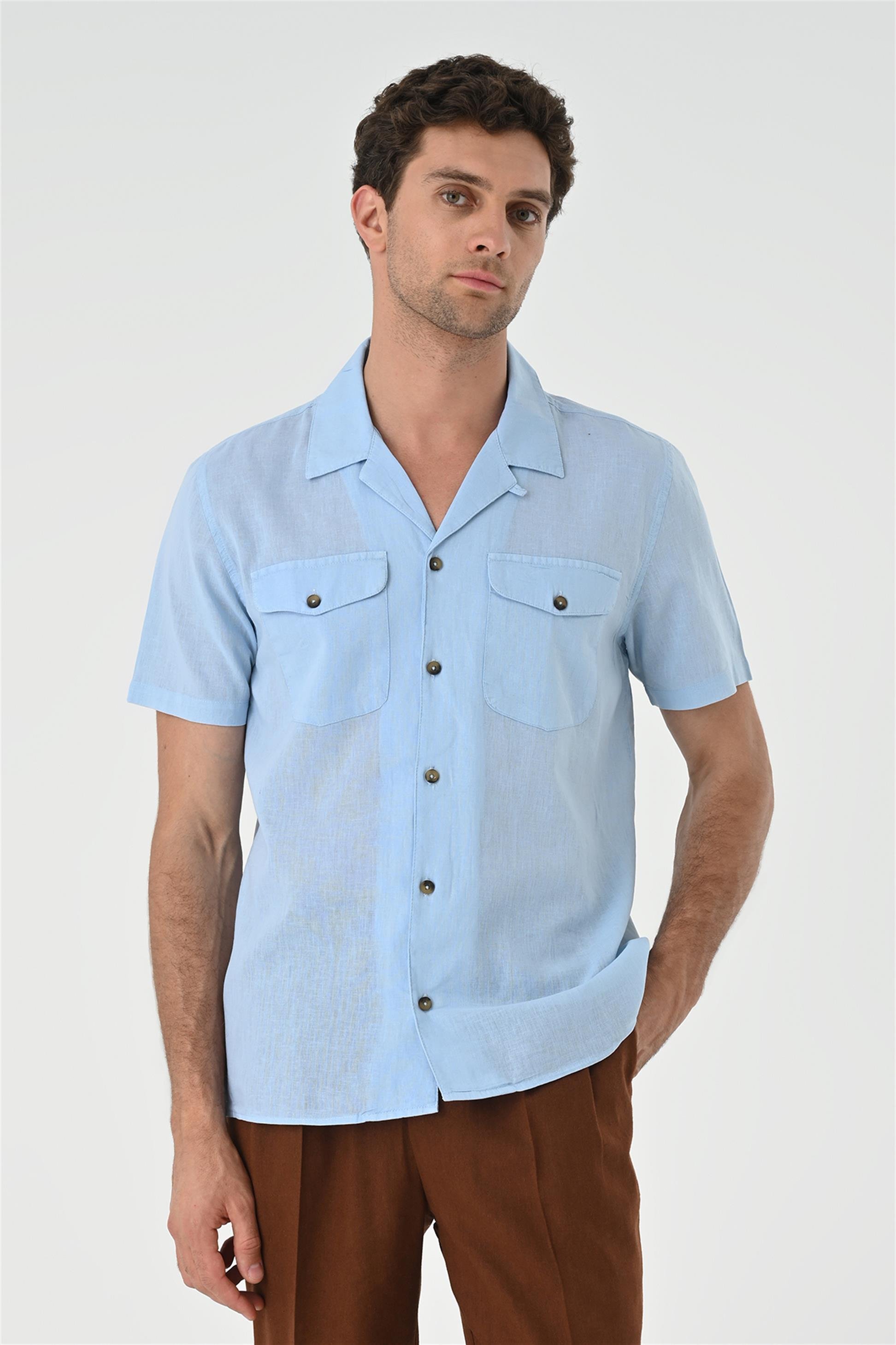 Antioch Men Bebe Mavi Apaş Yaka Cep Detaylı Erkek Gömlek