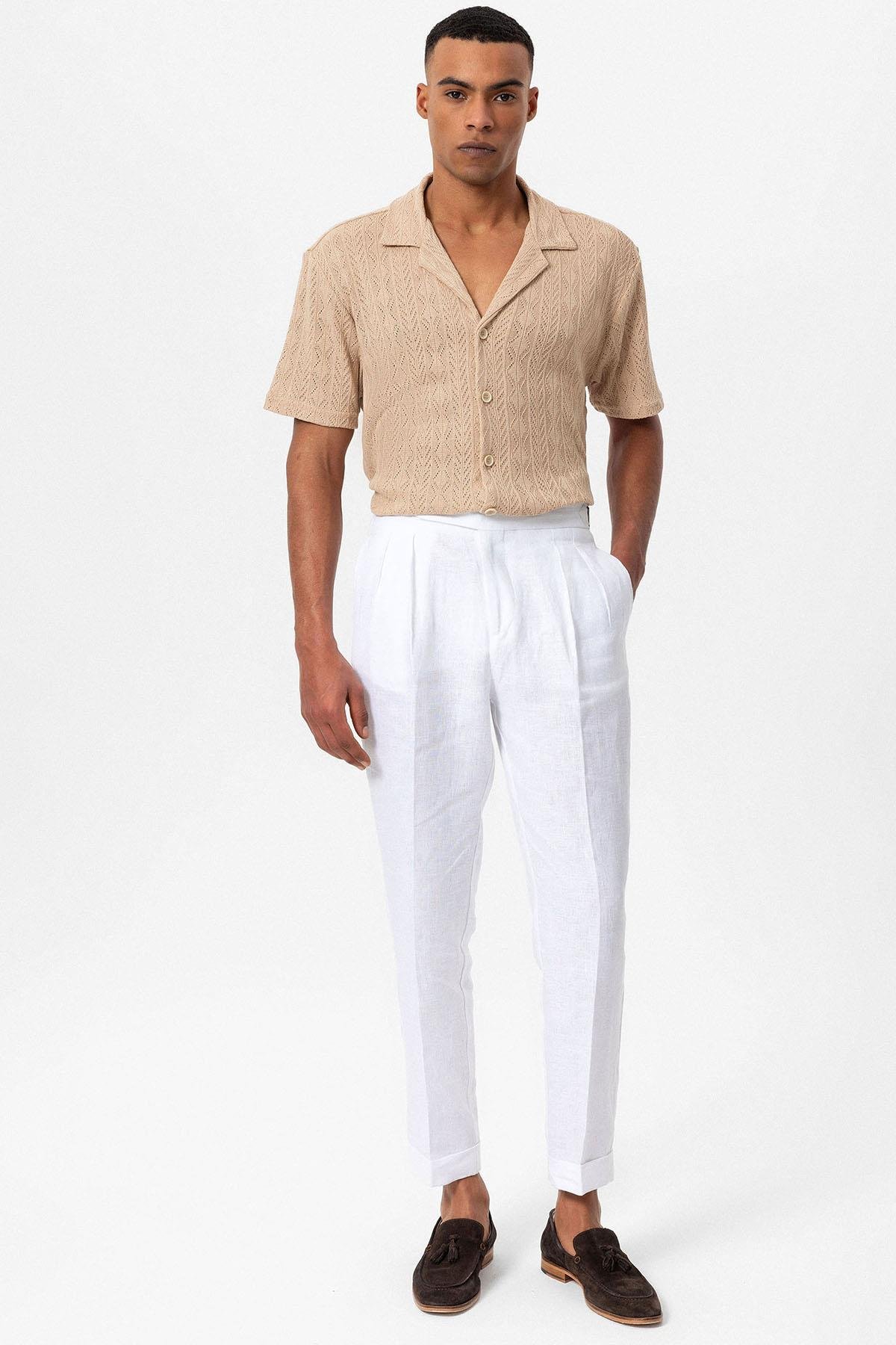 Antioch Bej Apaş Yaka Örme Desenli Erkek Gömlek