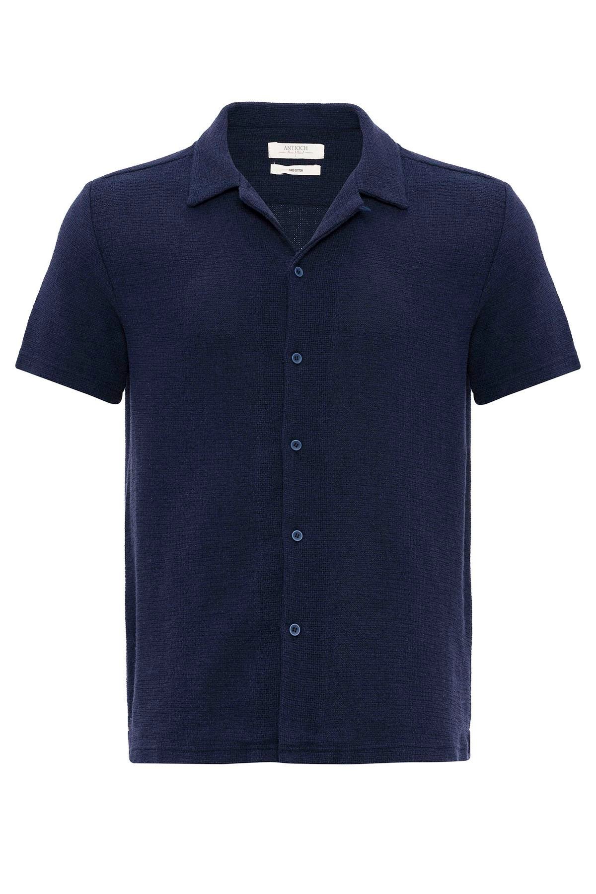 Antioch Lacivert Apaş Yaka Örme Dokulu Erkek Gömlek