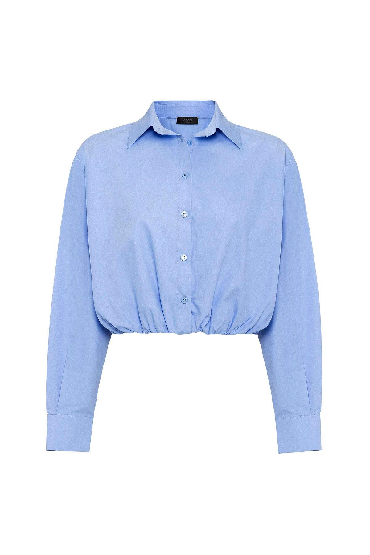 Antioch Bebe Mavi Crop Poplin Kadın Gömlek