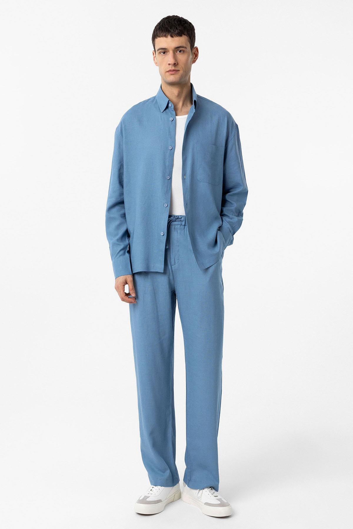 Antioch Bebe Mavi Keten Karışımlı Relax Fit Erkek Gömlek