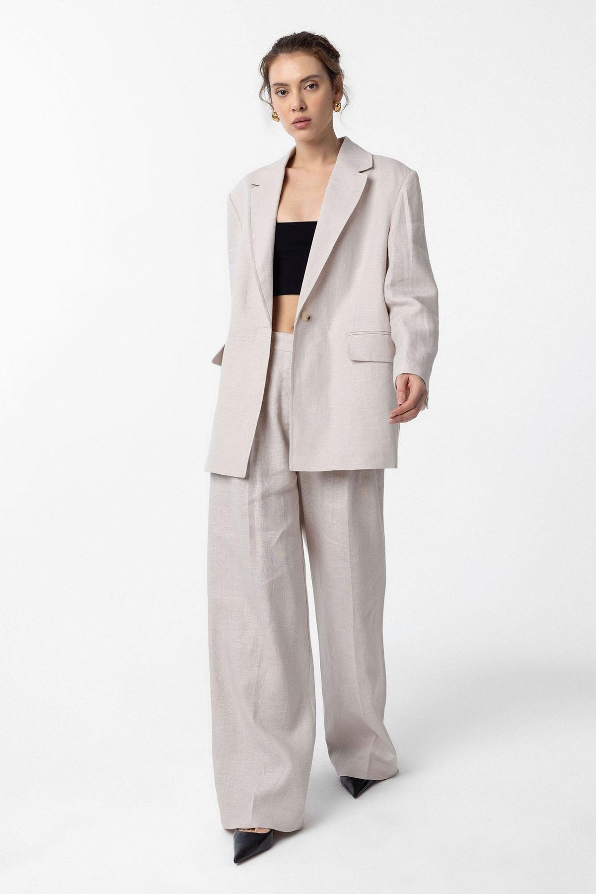 Antioch Bej 100% Keten Kadın Blazer Ceket